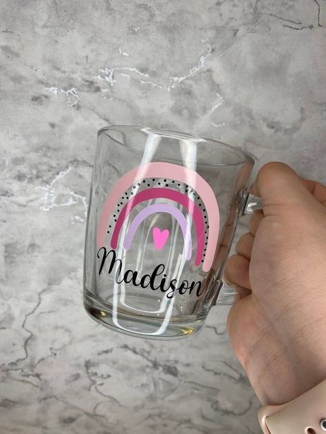 Personalized Cricut Gifts, Glass Mugs With Vinyl, Marker Crafts, Rainbow Mug, Idee Cricut, Glass Mugs, Cricut Projects Beginner, Glass Coffee Cups, Glass Coffee Mugs