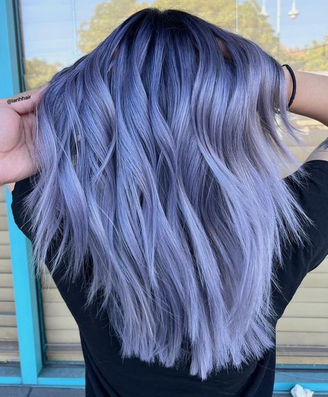 Silvery Purple Hair with Root Smudge Hair Color Blue And Purple, Silvery Purple Hair, Red Hair With Silver Highlights, Light Blue Hair Color, Purple Natural Hair, Silver Purple Hair, Purple Hair Ideas, Purple Hair Streaks, Purple Blonde Hair