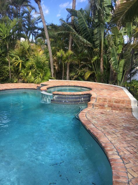 Old Chicago Brick Around Pool, Red Brick Pool, Brick Pool Deck, Red Brick Pavers Around Pool, Brick Pool Surround, Pools With Brick Surround, Red Brick Pavers, Miami Pool, Tropical Pool Landscaping