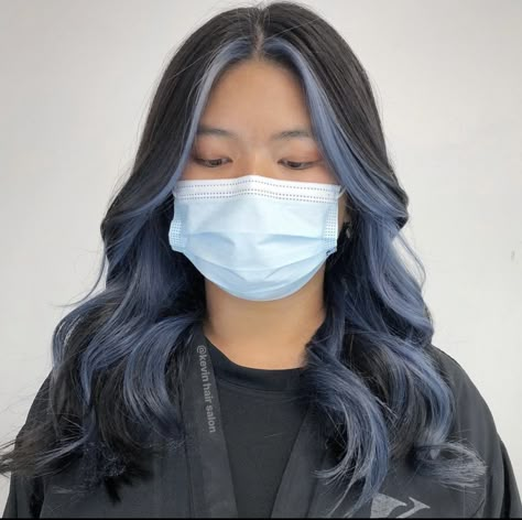 2 Hair Colors Ideas Dyes, Blue Hair Color Underneath, Hair Color Idea For Black Hair, Peekaboo Hair Color Gray, Hair Color Ideas Highlights Blue, Dark Purple Dyed Hair Underneath, Underline Hair Color, Underdye Hair With Front Strands, Black Hair With Dark Blue Money Piece