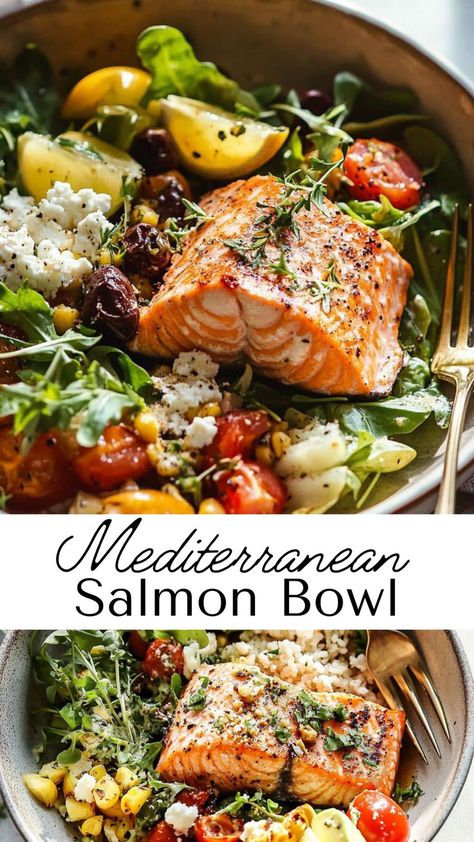 This Mediterranean salmon bowl is a fresh, healthy, and balanced meal with deliciously grilled salmon, colorful veggies, and a refreshing dressing. Ideal for a quick lunch or light dinner, it’s a delicious way to enjoy Mediterranean flavors. Healthy Balanced Lunch Ideas, Balance Meal Ideas, Mediterranean Healthy Meals, Mediterranean Legume Recipes, Med Recipes Mediterranean Diet, Mediterranean Diet Recipes Family, Mediterranean Recipes Healthy Lunches, Whole 30 Mediterranean Recipes, Mediterranean Diet Recipes Pescatarian