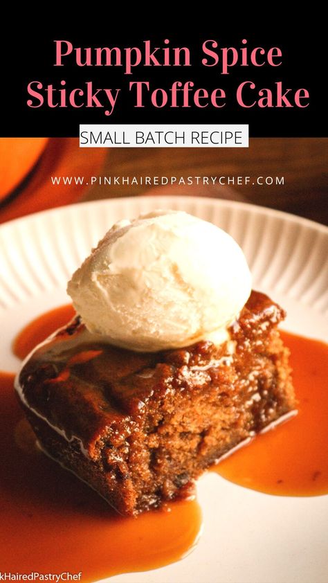 This Pumpkin Spice Sticky Toffee Cake is such a comforting bake and a fun autumnal spin on a classic dessert. A sticky toffee pudding or cake is a self saucing cake that is super moist and soft. The cake can be made in individual ramekins or as a cake and sliced up. This is a small batch recipe, making only 4 portions but you can easily scale this up to make more. Pumpkin Toffee Cake, Pumpkin Toffee Pudding Cake, Small Batch Cake, Toffee Cake Recipe, Pumpkin Baking Recipes, Sticky Toffee Cake, Sticky Toffee Pudding Cake, Caramel Dessert, Caramel Dessert Recipes