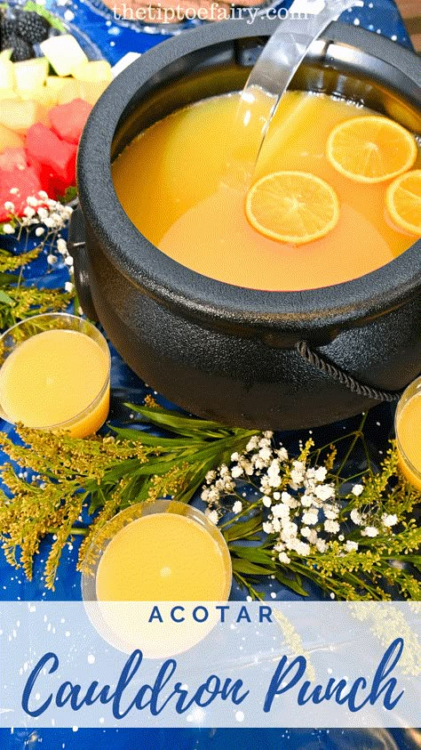 How to make ACOTAR Cauldron Punch | The TipToe Fairy Practical Magic Brunch, Acotar Recipes, A Court Of Thorns And Roses Party Ideas, Night Court Dinner Party, Acotar Themed Drinks, Acotar Inspired Food, Acotar Dinner Party, Starfall Party, Acotar Party Food