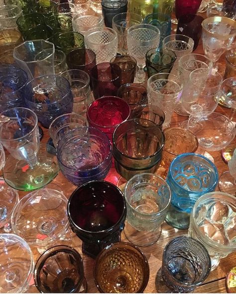 Vintage goblets.  Wedding, Vintage, goblets, rainbow, colorful, drinkware, glassware, Indiana glass Goblets Wedding, Coloured Glassware, Wedding Drinkware, Wedding Goblets, Colored Wine Glasses, Southern Vintage, Retro Glassware, Wedding Glassware, Vintage Goblets