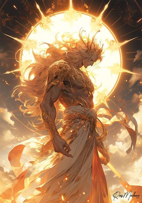 Anime Gods Art, Sun People Art, Helios God Art, Sun God Character Design Male, Sun God Drawing, Helios Greek Mythology, Sun God Character Design, Sun God Aesthetic, Sun Character Design