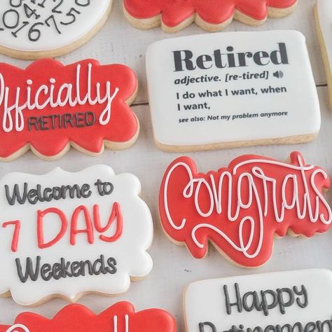 Stacy’s Sweets on Instagram: "Happy Retirement!  . . . #happyretirement #retirementcookies #officiallyretired #retirement #cookies #cookiesofinstagram #sugarcookies #sugarcookiesofinstagram #decoratedcookies #royalicingcookies #dfwcookies #fortworthcookies #hasletcookies #stacyssweets" Retirement Cookies For Men, Retirement Cookies Decorated For Woman, Retirement Cookies Ideas, Retirement Cookies Decorated, Retirement Sugar Cookies, Retirement Cookies, Iced Sugar Cookies, Vet Clinic, Candy Decorations