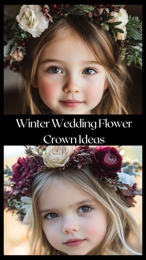 Elegant winter wedding flower crown with seasonal blooms, perfect for brides and flower girls. Flower Girl Hair With Flower Crown, Flower Crown Ideas, Winter Flower Crown, Wedding Flower Crowns, Head Wreath Wedding, Wedding Hair Flower Crown, Winter Blooms, Winter Wedding Hair, Wedding Flower Crown