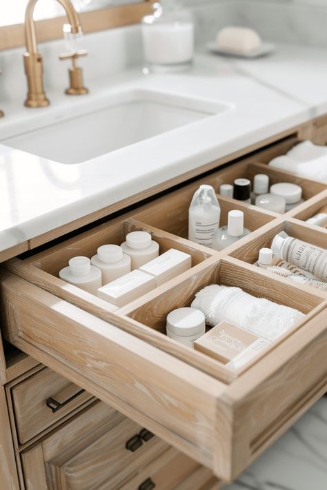 open bathroom vanity drawer with dividers in it to organize bathroom accessories Organize Drawers Bathroom, Primary Bathroom Organization, Bathroom Deep Drawer Organization, Bathroom Counter Aesthetic, Bathroom Vanity Drawer, Open Bathroom Vanity, Bathroom Must Haves, Aesthetic Cleaning, Bathroom Vanity Organization