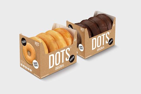 New brand identity for Dots, Spain´s top selling doughnuts and bakery brand. Donut Packaging Ideas, Bagel Packaging, Bakery Packaging Design, Beautiful Packaging Design, Bread Packaging, Donut Box, Baking Packaging, Bakery Branding, Dessert Packaging