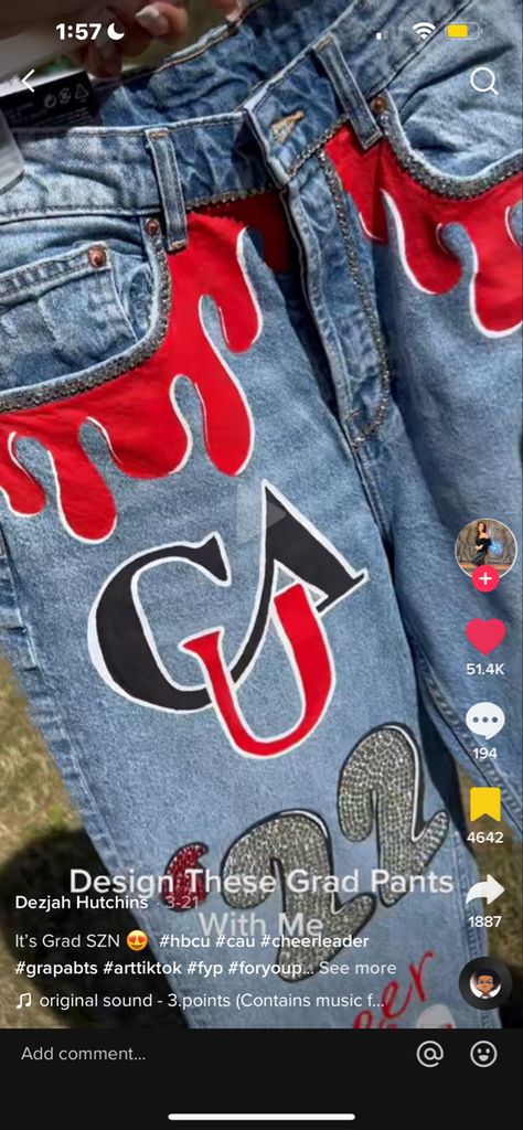 Customized Senior Jeans, Class Of 2024 Painted Jeans, Custom Grad Jeans, Painted Graduation Pants, Decision Day Jeans, College Pants Diy, Spirit Jeans Homecoming Freshman, College Decision Jeans, Painted Jeans School Spirit Freshman