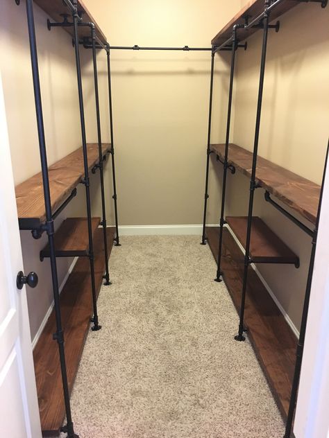 Industrial Pipe Closet. Had to post my own, Pinterest-worthy project... Industrial Pipe Closet, Industrial Bedroom Diy, Pipe Closet, Industrial Bedroom, Closet Remodel, Pipe Furniture, Industrial Pipe, Bedroom Closet, Closet Makeover