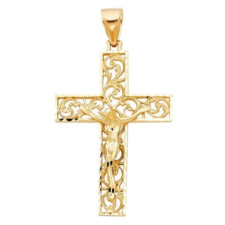 14k Yellow Gold Jesus Christ Crucified Latin Filigree Cross Pendant Jewelry Female Unisex Our 14k gold is the standard for beautiful high-quality gold jewelry. 14k gold is 58% pure gold mixed with alloys to add strength and durability to stand the test of time. Keep your fine jewelry shiny and elegant by storing it properly. Jewelry needs to be stored in a dry area, preferably away from air in a jewelry box or plastic bag. Avoid exposure to harsh chemicals. Use a polishing cloth to remove tarnis Gold Pendants For Men, Pendants For Men, The Crown Jewels, Christian Quotes God, Gold Pendants, Good Shepherd, Blessed Mother Mary, Luxe Jewelry, The Good Shepherd