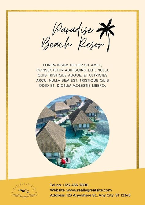 Flyer, Brochure, Poster Water Hotel, Luxurious Resort, Beach Water, Tropical Getaways, Gold Border, Beach Paradise, Sea Ocean, Beach Resort, Tropical Paradise