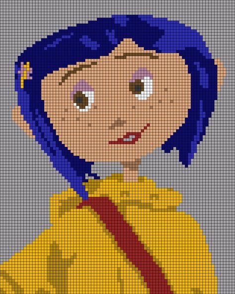 Coraline Crochet Blanket, Cartoon Network Cross Stitch, Coraline Tapestry Crochet, Pixel Crochet Projects, Coraline Grid Pattern, Character Alpha Pattern, Coraline Cross Stitch Pattern, Coraline Pixel Art Grid, Crochet Alpha Pattern Anime