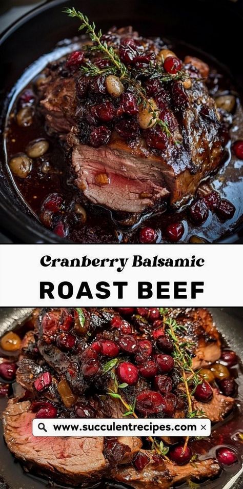 Give your holiday roast a delightful upgrade with this Cranberry Balsamic Roast Beef. The savory richness of the beef is beautifully complemented by a tangy-sweet cranberry balsamic glaze, creating a holiday dish that's sure to impress. Roast Beef Sunday Dinner, Beef Bolar Roast, Roast With Cranberry Sauce, Crockpot Christmas Roast Beef, Balsamic Pot Roast Slow Cooker, Angus Beef Roast Recipes Oven, Unique Beef Roast Recipes, Beef Dinner Party Recipes, Cranberry Balsamic Roast Beef Crockpot