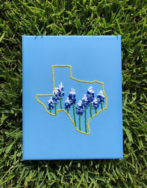 Bluebonnet Embroidery Design, Bluebonnet Embroidery Pattern, Embroidered Bluebonnet, Stem Stitch, Blue Bonnet, Bead Embroidery Patterns, Lighted Canvas, French Knot, Spring Fling