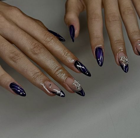 Dark Purple Almond Nails, Purple Y2k Nails, Purple Almond Nails, Almond Nails Y2k, Maximalist Nails, Nails Funky, Dark Purple Nails, Kylie Nails, Themed Nail Art