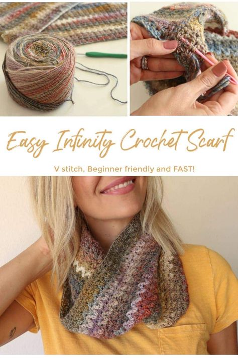 Learn how to make this easy infinity crochet scarf. This crochet scarf is beginner friendly and super fast, only 3 hours to make the large size. Melanie Ham has a free written pattern and video tutorial just for you to make this easy and great for new crocheters. Check it out! #crochetscarf #infinitycrochetscarf #beginnercrochet Melanie Ham Crochet, Beginner Crochet Cowl Pattern Free, Infinity Crochet Scarf, Crochet Scarf Pattern Free Easy, Crochet Infinity Scarf Free Pattern, Melanie Ham, Infinity Scarf Tutorial, Crochet Infinity Scarf Pattern, Crochet Scarf Easy