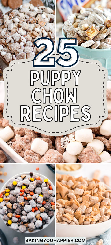 25 Puppy Chow Recipes, puppy chow is an irresistible crunchy blend that is easily customizable with candy, sprinkles, and more! S’more Puppy Chow, Puppy Chow No Chocolate, Butterbeer Puppy Chow, Brownie Batter Puppy Chow Recipe, Orange Puppy Chow, Caramel Puppy Chow, Gf Puppy Chow, Butterscotch Puppy Chow Recipe, S’mores Puppy Chow Recipes