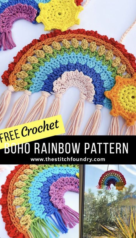 DIY Boho Crochet Rainbow – FREE CROCHET PATTERN — Craftorator Free Crochet Rainbow Patterns, Yarnspirations Patterns Free Crochet, Crochet Rainbow Pattern Free, Boho Crochet Patterns Free, Crochet Rainbow Pattern, Crocheted Rainbow, Chirstmas Decor, Crochet Rainbow, Easy Knitting Projects