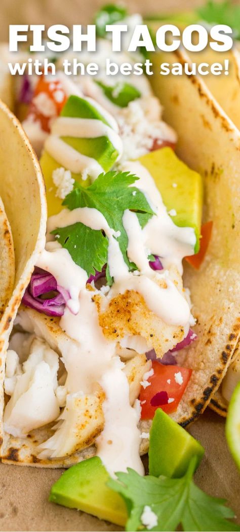 Our go-to Fish Tacos Recipe for entertaining! Easy, excellent fish tacos with the best fish taco sauce; an irresistible lime crema. Rave reviews every time! Easy Tilapia Fish Tacos, Fish Tacos Easy Recipe, Fish Taco Meal Ideas, Tilapia Fish Tacos Sauce, The Best Fish Tacos, Tilapia Tacos Easy, Taco Fish Sauce, Fish Taco Recipe Tilapia, Fish Taco Dressing