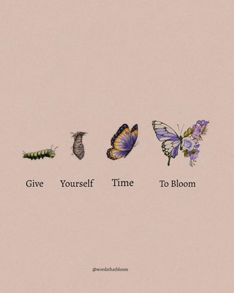 Butterfly Pics Aesthetic, Butterfly Growth Drawing, Inspirational Butterfly Quotes, Give Yourself Time Tattoo Butterfly, Butterfly Growth Quotes, Quotes Aesthetic Butterfly, Butterfly Meaning Quotes, Butterfly Wallpaper With Quotes, Butterfly Effect Quotes