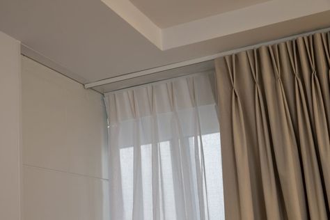 Curtains On Track, French Pleat Drapery, Curtain Ceiling, Ceiling Mounted Curtains, Pinch Pleated Curtains, French Pleat Curtains, Pinch Pleat Drapes, Drapery Treatments, Home Repair Services