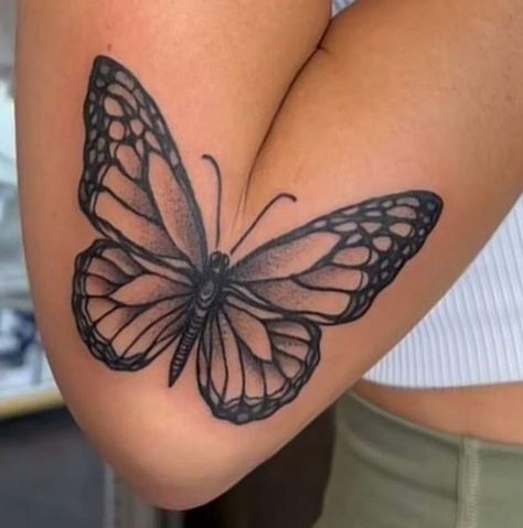 Butterfly Arm Tattoo Elbow, Over The Knee Butterfly Tattoo, Butterfly Tattoo Crease Of Arm, Butterfly Tattoo That Opens On Elbow, Tattoo Ideas Butterfly Arm Sleeve, Huge Butterfly Tattoo, Wide Butterfly Tattoo, Butterfly Tattoo Open And Close On Arm, Butterfly Tattoo Inner Elbow