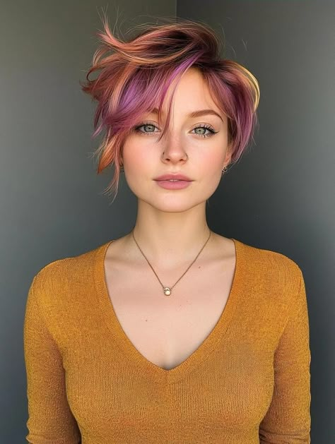 Bold and Beautiful Short Hair Color Ideas for Every Style Short Calico Hair Dye, Undercut Hair Color Ideas, Pixie Colored Hair Ideas, Pixie With Peekaboo Color, Short Hair Vivids, Short Hair Vivid Color Ideas, Vivid Hair Color Short, Vivid Hair Color Short Hair, Peekaboo Highlights Short Hair