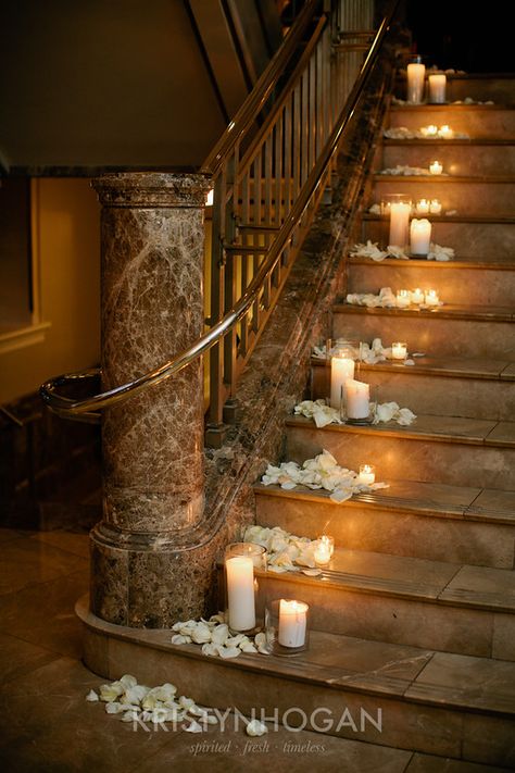 Love the candles and flower petals on the steps. Vivid Experiences by Angela Proffitt Located at the Nashville Symphony Photographed by Kristyn Hogan Candles On Steps Wedding Stairs, Candles On Steps Wedding, Candles On Stairs Wedding, Candlelit Walkway, Candles On Staircase, Candles On Stairs, Candle Staircase, Candle Stairs, Wedding Staircase Decoration