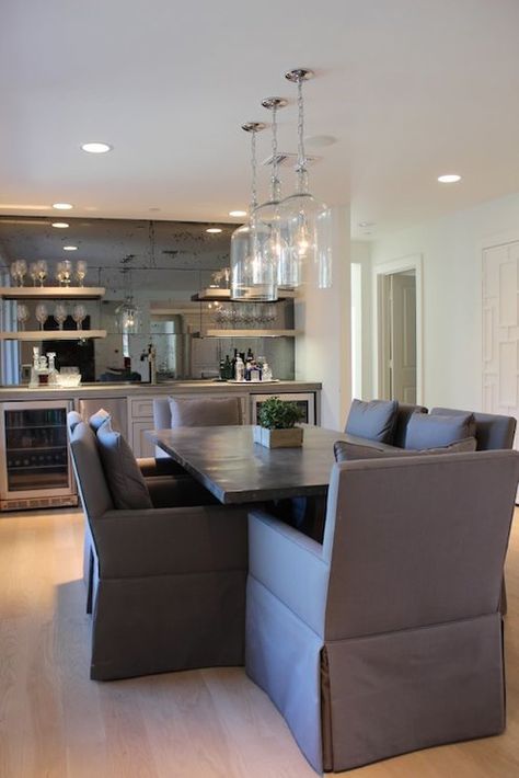 Dining Room Wet Bar - Transitional - dining room - Talbot Cooley Interiors Awesome Mirrors, Mirrored Backsplash, William Hefner, Zinc Countertops, Gray Furniture, Marie Flanigan, Dark Mirror, Chic Dining Room, Transitional Dining Room