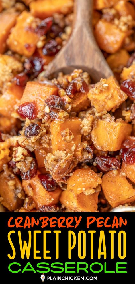 Cranberry Pecan Sweet Potato Casserole - a must for your Thanksgiving dinner! Diced sweet potatoes tossed in brown sugar, orange juice, vanilla, pumpkin pie spice, and dried cranberries. Top the casserole with a crunchy topping of flour, brown sugar, pumpkin pie spice, butter, and chopped pecans. Can make in advance and refrigerate or freeze for later. #casserole #thanksgiving #sweetpotato #christmas Pecan Sweet Potato Casserole, Cranberry Casserole, Diced Sweet Potatoes, Christmas Potatoes, Best Sweet Potato Casserole, Sweet Potato Sides, Sweet Potato Thanksgiving, Sweet Potato Pecan, Canning Sweet Potatoes