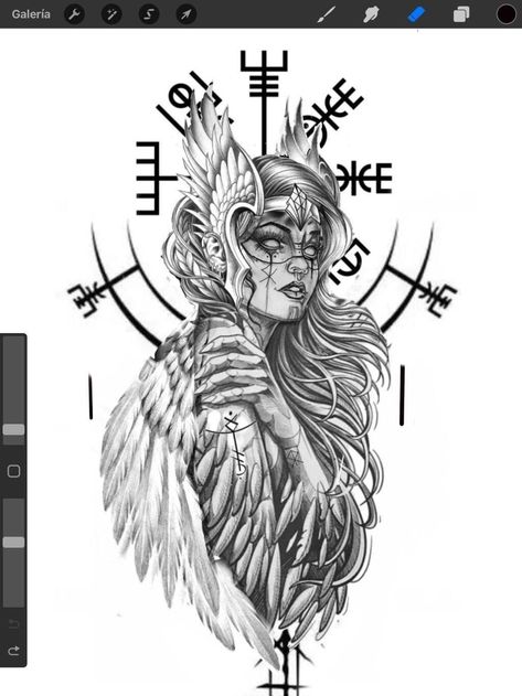 Freya Viking Tattoo, Hel Art Norse Mythology, Frigg Goddess Tattoo, Valkyrie Tattoo Design Norse Mythology, Blackwork Shoulder Tattoo, Viking Women Tattoo, Valkyrie Tattoo Woman Female Warriors, Freya Goddess Tattoo Design, Valkyrie Character Design