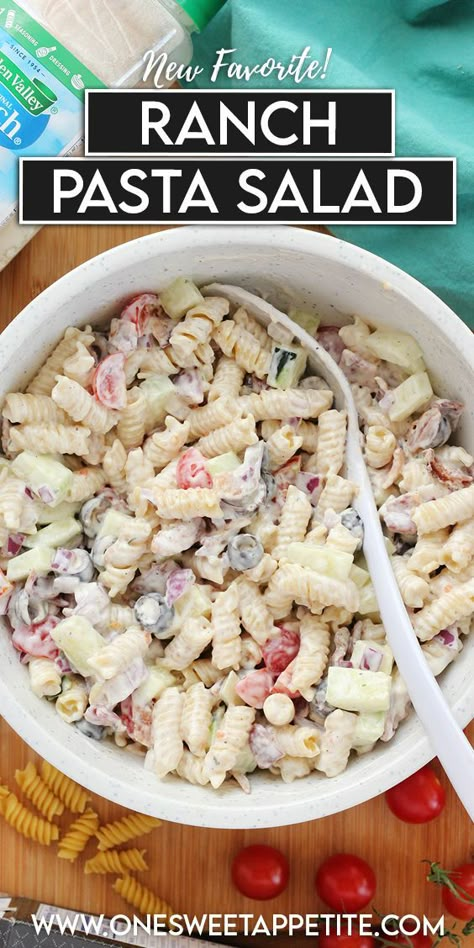 Get ready to delight your taste buds with this Ranch Dressing Pasta Salad. This refreshing and creamy salad combines twirly pasta, crisp veggies, and a zesty ranch dressing that will leave you craving more. Perfect for picnics, potlucks, or a simple weeknight dinner, this salad is a flavor-packed crowd-pleaser that will have everyone asking for seconds. Try this recipe this spring or summer! Ranch Dressing Pasta Salad Recipes, Cold Pasta Salad With Ranch Dressing, Homemade Cold Pasta Salad, Pasta Salad With Greek Dressing, Creamy Ranch Pasta Salad Recipes, Pasta With Ranch Dressing, Ranch Dressing Recipes Meals, Pasta Ranch Salad Recipes, Pasta Salad With Caesar Dressing