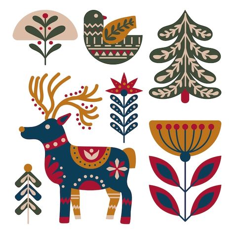 How To Draw Scandinavian Folk Art, Nordic Christmas Aesthetic, Scandinavian Christmas Painting, Scandinavian Patterns Traditional, Norwegian Christmas Decorations, Scandinavian Folk Art Patterns, Scandinavian Christmas Illustration, Scandinavian Christmas Cards Folk Art, Scandinavian Folk Art Christmas