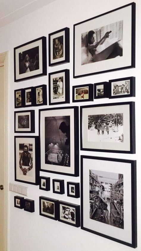 Walls Of Pictures, Photo Wall Office Ideas, Photo Wall Home Ideas, Modern Photo Collage Wall, Different Sized Frames On Wall, Vintage Photo Wall Pictures, Family Photo Wall Aesthetic, Home Office Photo Wall, Large Photo Wall Ideas