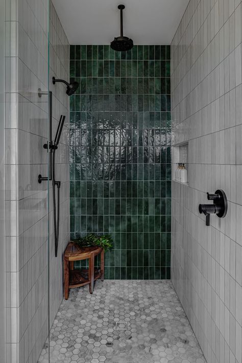 Ridgeview New Build Shower Remodel Green Tile, Dark Green Shower Tiles, Emerald Tile Shower Ideas, Green And Black Shower Tile, Emerald Green Tile Shower Ideas, Tile Shower Ideas Green, Statement Tile Shower Wall, Jade Shower Tile, Bathrooms Green Tiles