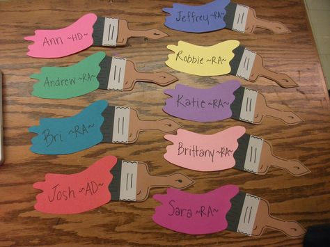 Paint brush door decs! Suuuuuper easy! Door Name Tags, Resident Assistant Door Decs, Cubby Name Tags, Ra Door Tags, Ra Decorations, Res Life Bulletin Boards, Door Decorations College, Cubby Tags, Dorm Door Decorations