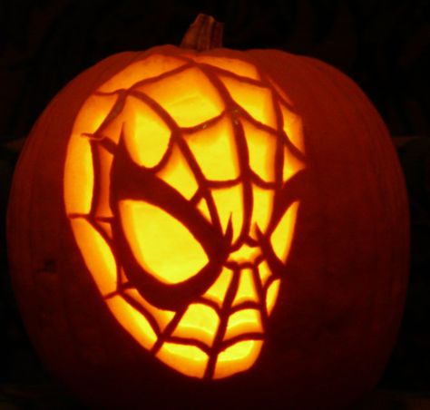 Carved Pumpkin- Spiderman.  Pattern by  zombiepumpkins.com Pumpkin Spiderman, Spiderman Pumpkin Carving, Spiderman Pumpkin Stencil, Minion Stencil, Minion Pumpkin Carving, Scary Pumpkin Designs, Spiderman Pattern, Spiderman Pumpkin, Halloween Pumpkin Carving Ideas