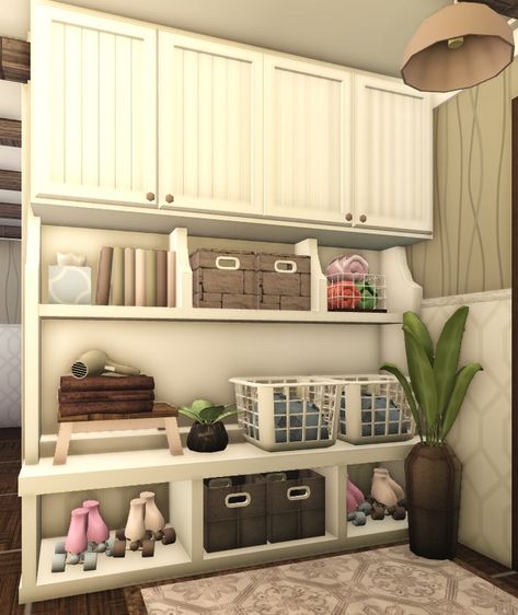 Porch Decorating Bloxburg, Laundry Room Pictures Bloxburg Codes, Small Room Bloxburg Ideas, Cottage Core Blocksburg Houses, Garage Ideas In Bloxburg, Welcome To Blocksburg House Ideas, Cute Bloxburg Laundry Room, Extra Room Bloxburg Ideas, Laundry Room Idea Bloxburg