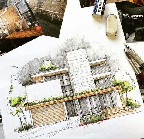 Exterior Perspective Drawing, Exterior Perspective, Perspective Drawing Architecture, Drawing Interior, Architecture Sketchbook, Architecture Design Sketch, Architecture Design Drawing, Architecture Concept Drawings, Interior Sketch