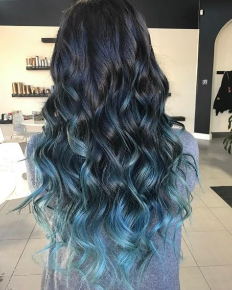 Pastel Blue Balayage Highlights For Black Hair Blue Hair Balayage, Blue And Green Hair, Blue Balayage, Undercut Haircut, Tori Vega, Blue Ombre Hair, Pastel Ombre, Brown Ombre Hair, Black Hair With Highlights