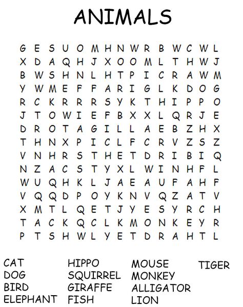 Animal+Word+Search+Puzzles+Printable Animal Word Search, Word Puzzles For Kids, Kids Word Search, Word Search Puzzles Printables, Free Printable Word Searches, Free Word Search, Word Search Printables, English Worksheets For Kids, Word Search Puzzles