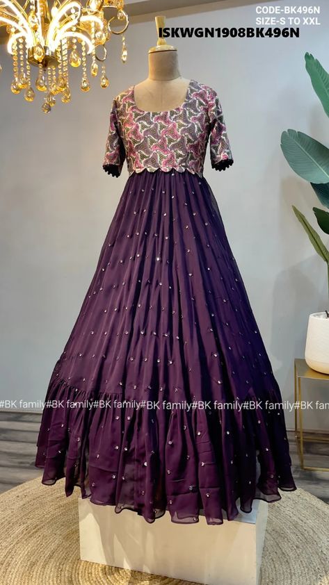 New Model Long Frock Designs, Long Gown Neck Designs, Ombre Gowns Indian, New Gown Designs 2024 Latest, Ajrakh Frock Designs, Silk Saree Frock Dresses, New Simple Frock Design, Georgette Floral Long Frocks, Simple Long Frocks Indian