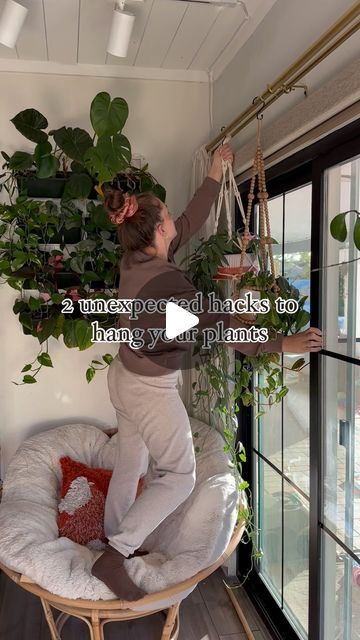 Chantel Gray | 🪴 Plants + DIY on Instagram: "Or comment “let’s hang out!” And I’ll DM you where to find both!!  I personally love the double curtain rods, because I don’t have to deal with fighting to close the curtains. Both of them have their own rod!  The laundry hangers went crazy viral last time I shared them and you guys love them as much as I do! They’re perfect for awkward windows and the pivoting function comes it handy every time! They do go out of stock fast so I have a lot of similar backup options linked as well!  Hope this helps my plant lovers and fronds!  Xo - Chantel   #planthacks #hangingplants #houseplantsofinstagram #houseplants #plantsmakemehappy #planttips" Hanging Plant Curtain Rod, Plants Hanging From Curtain Rod, Hanging Plants From Curtain Rod, Curtain Rod Plant Hanger, Diy Double Curtain Rod, Diy Window Plant Hanger, Plant Hanging Rod, Double Curtain Rod Ideas, Window Hanging Plants