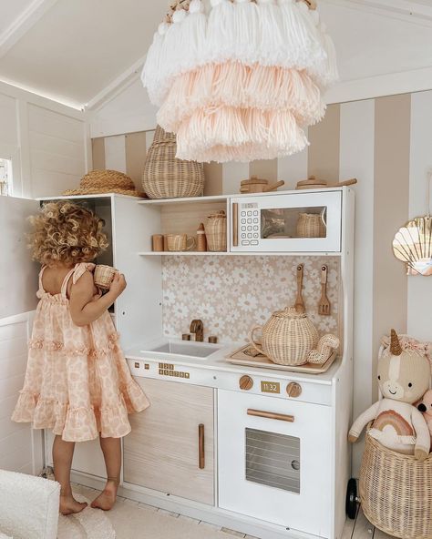 Cubby House Interior, Cubby Makeover, Play Kitchen Makeover, Wallpaper Daisy, Play Kitchen Accessories, Cubby House, Nursery Room Inspiration, Kids Room Inspiration, Girl’s Room