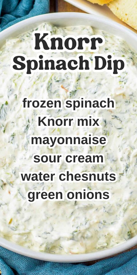 The classic Knorr Spinach Dip recipe! This cool and creamy spinach dip recipe is quick and easy to make with a packet of Knorr vegetable mix, frozen spinach, and a few other simple ingredients. Serve with pita chips, crackers, bread pieces, or fresh veggies for a perfect party dip for any occasion. Creamy Spinach Dip Recipe, Spinach Dip Recipe Easy, Knorr Vegetable Dip, Knorr Spinach Dip Recipe, Spinach Dip Cold, Homemade Spinach Dip, Best Spinach Dip, Knorr Spinach Dip, Veggie Dip Recipe