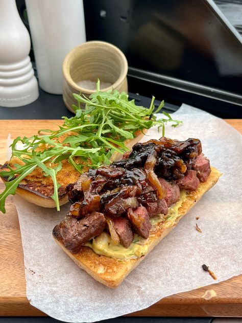 Steak Ciabatta with Caramelised Onions and Roasted Garlic and Chive Aioli Steak Ciabatta Sandwich, Steak Sandwich With Garlic Aioli, Bacon Gravy, Caramelised Onions, Garlic Aioli, Steak Sandwich, Grilled Steak, Fried Onions, Aioli