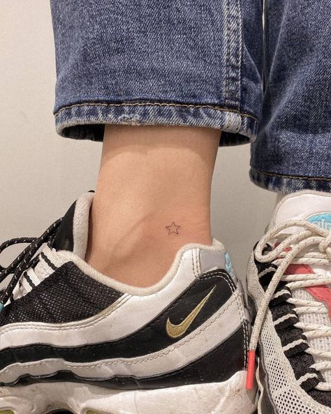 Mini Ankle Tattoos For Women, North Star Ankle Tattoo, Star On Ankle Tattoo, Star Tattoos On Ankle, Foot Tattoo Placement Ideas, Small Ankle Tattoos For Women Simple, Small Inner Ankle Tattoo, Tiny Tattoos Ankle, Outer Ankle Tattoos For Women