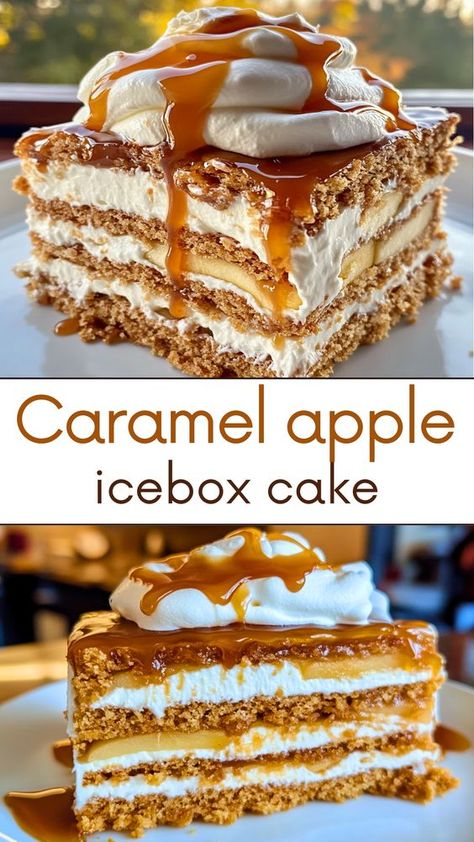 Indulge in the deliciousness of our Caramel Apple Icebox Cake, the perfect Thanksgiving dessert! This no-bake treat layers creamy caramel and fresh apples between crunchy wafers, making it a delightful choice for your holiday table. Enjoy the rich taste of caramel and the crispness of apples in every bite. Save this pin now and wow your guests with this easy-to-make, crowd-pleasing dessert! Thanksgiving Desserts Caramel Apple, Caramel Apple Icebox Cake, Carmel Apple Ice Box Cake, Apple Cinnamon Trifle, Thanksgiving Icebox Cake, Thanksgiving Ice Box Cake, Carmel Apple Dessert Easy, Apple Layer Dessert, Apple Casserole Dessert